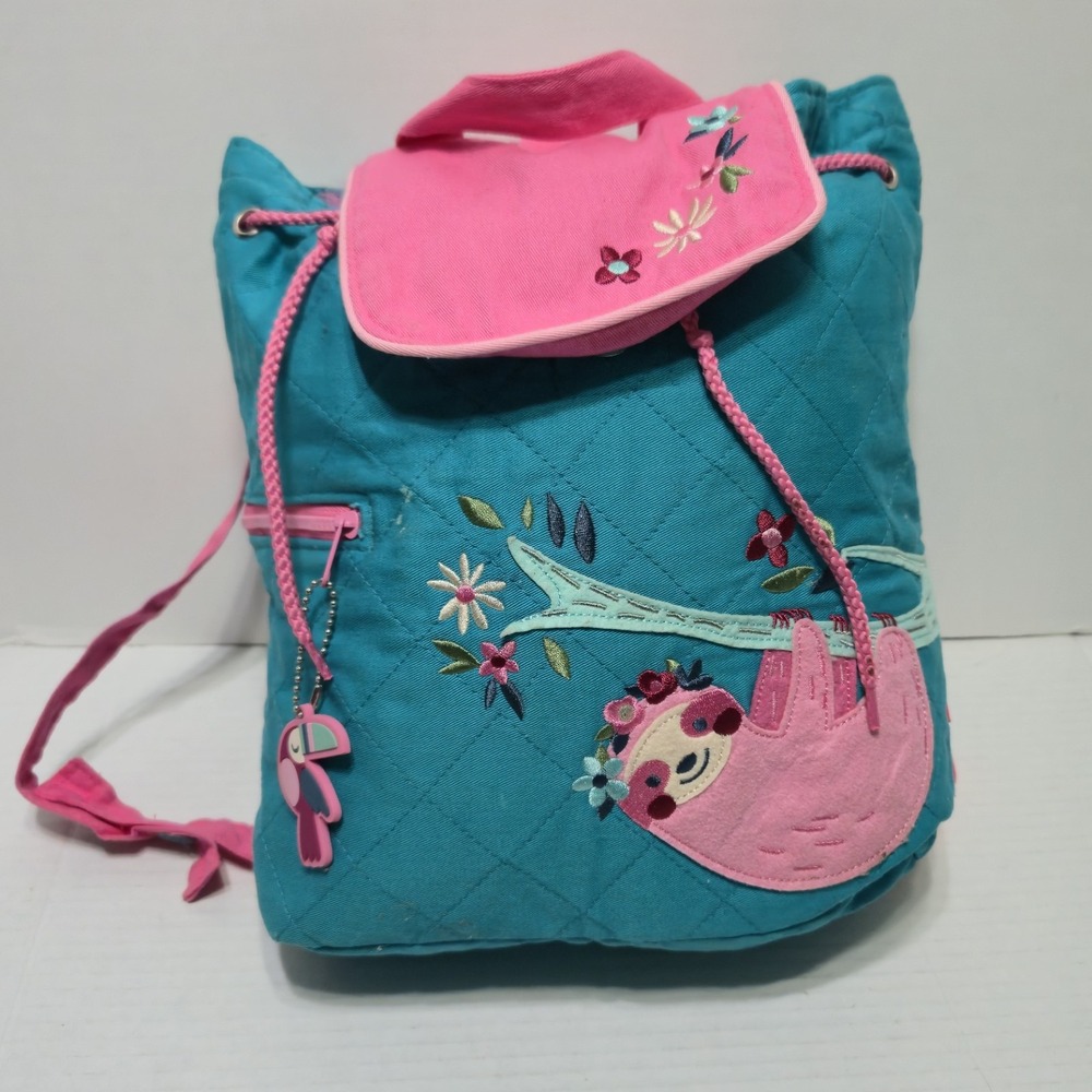 Stephen Joseph Sloth Quilted Backpack Teal Pink Embroidered Girls Bag W/ Charm